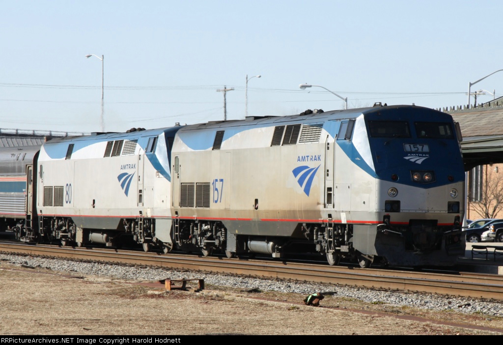 AMTK 157 & 80 bring train P092 into the station